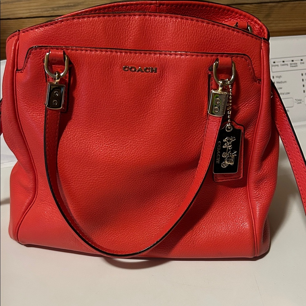 Coach Bright Red Leather Tote with Gold-Tone Accents